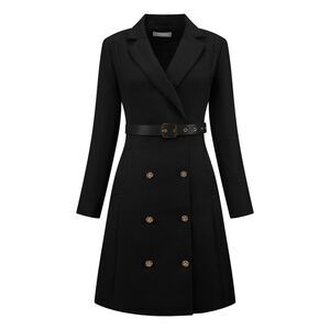 Women's Tweed Dress Double Breasted Long Sleeve Blazer Dress with Belt Black